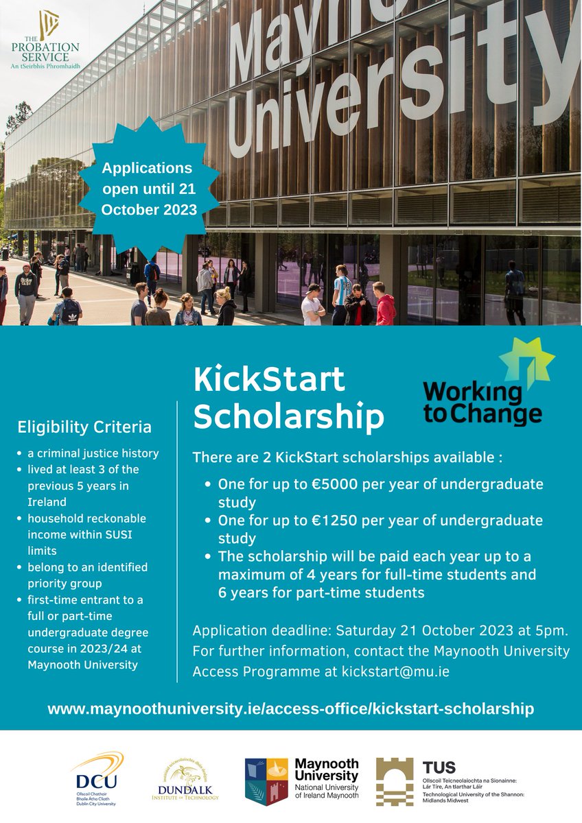 Applications for the MU KickStart Scholarship are open until Sat 21 Oct 2023 at 5pm. KickStart supports students with a criminal justice history who are experiencing socio-economic disadvantage to access Higher Education (HE). Find out more at maynoothuniversity.ie/access-office/…