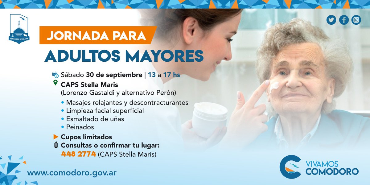 SecretariadeS20's tweet photo. JORNADA PARA ADULTOS MAYORES🧑‍🦳👨‍🦳
📆Sábado 30 de septiembre
📌CAPS. Stella Maris
⏰De 13 a 17 hs
⚠️¡CUPOS LIMITADOS! https://t.co/SUpedKuGpG