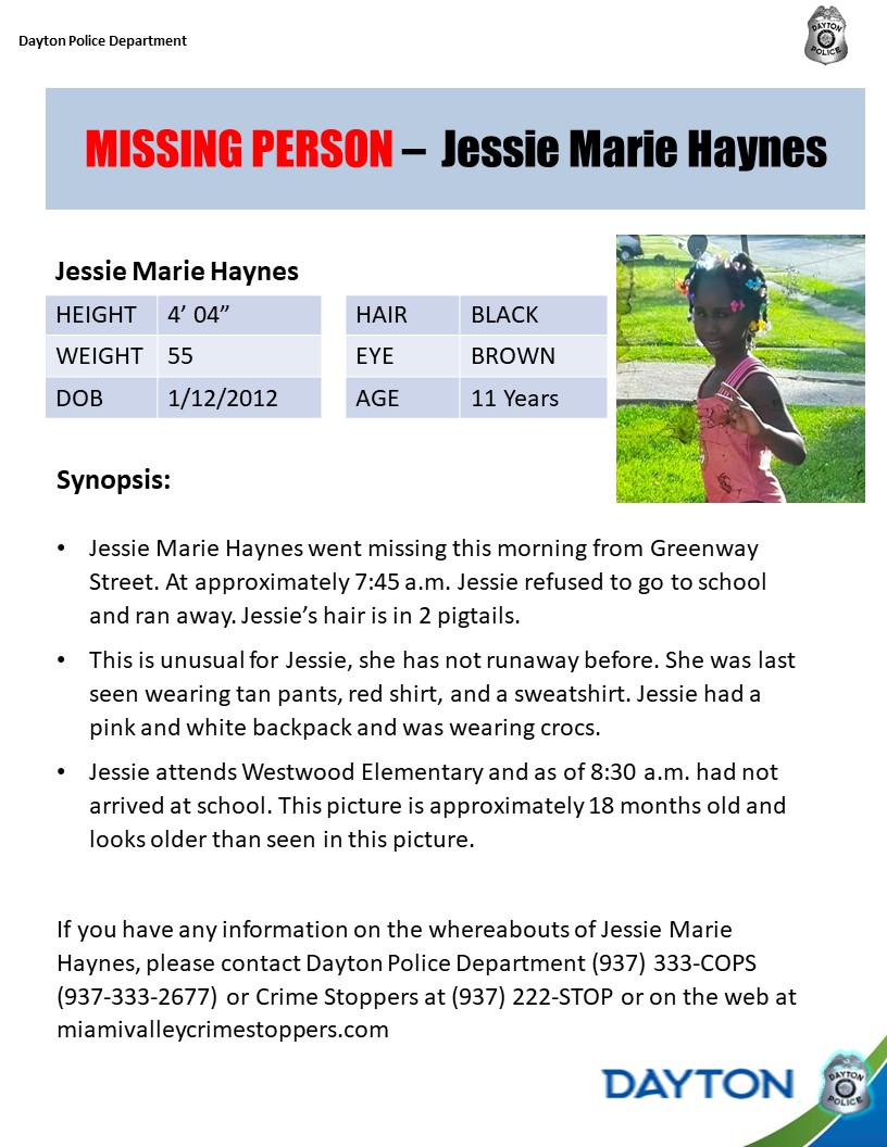 DaytonPolice's tweet photo. DPD is asking for help as we look for Jessie Marie Haynes, a missing 11 year old. She went missing this morning from Greenway Street at approximately 7:45 a.m. 

Jessie’s hair is in 2 pigtails. She was last seen wearing tan pants, red shirt, and a sweatshirt. https://t.co/uN7ne04CEV