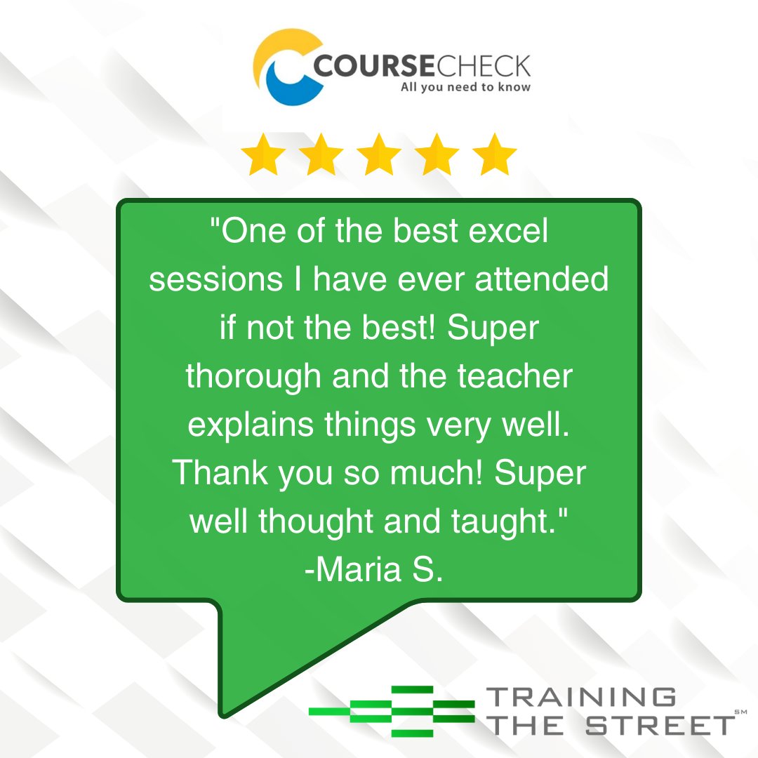 TTS_Chat's tweet image. Read what Maria S., one of our participants had to say after taking one of our excel courses in June. 

Visit our website and register for a course today! 

bit.ly/43tju3D

#tts #trainingthestreet #learningoptions #courses #accounting #corporatefinance #excel #feedback