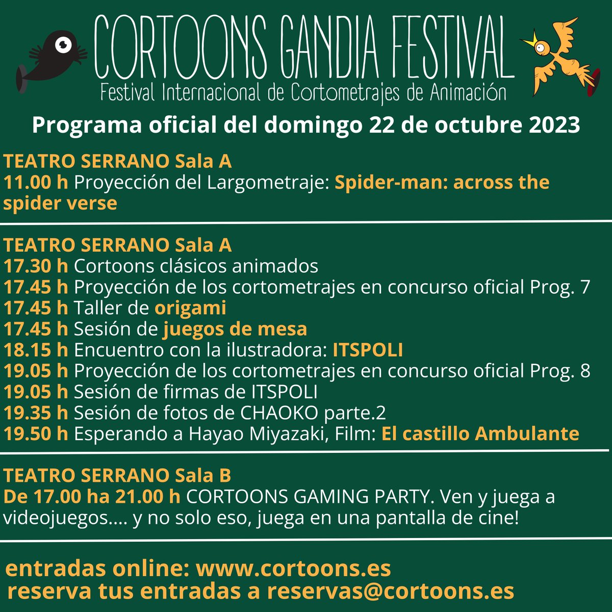 ¿Listos para la  programación de Cortoons Gandia Festival 2023? Compra las entradas  online en cortoons.es o en la caseta del Paseo Germanies de Gandia.  Puedes reservar tus entradas a reservas@cortoons.es