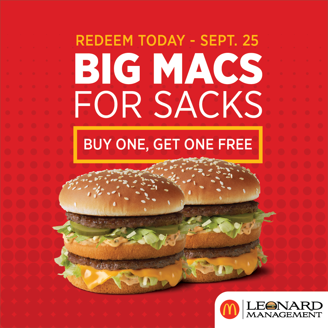 Over the weekend, the Huskers had a BIG sack which means our Macs® are BOGO all day! 🍔🏈

Available at participating locations in Omaha, Norfolk, Fremont, Wayne, Blair, and O’Neill. See locations here: bit.ly/3uhTDMr