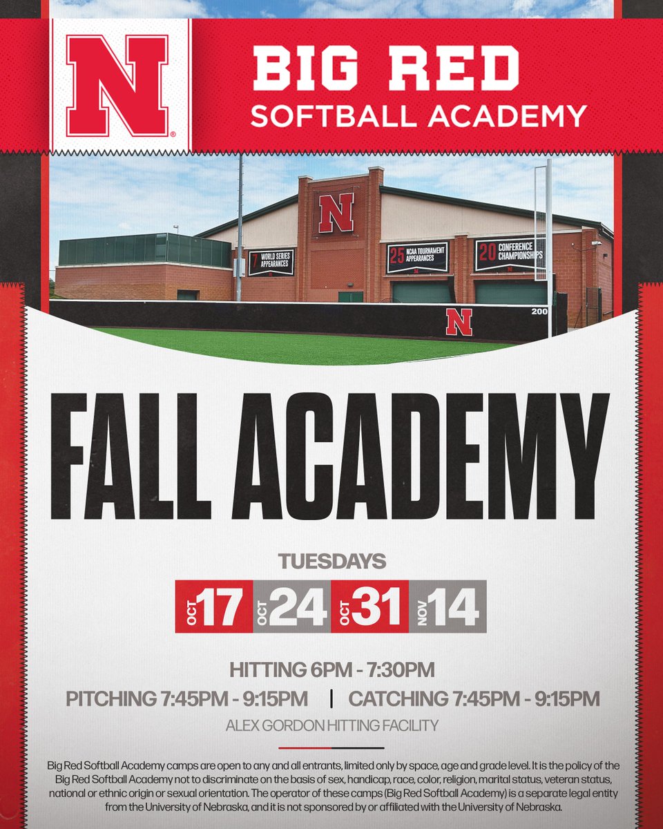 🚨 Big Red Softball Fall Academy is back! 🚨

All 7th-12th graders are welcome.

🗓️: October 17th, 24th, 31st, and/or November 14th

Register now! | go.unl.edu/0ftw
