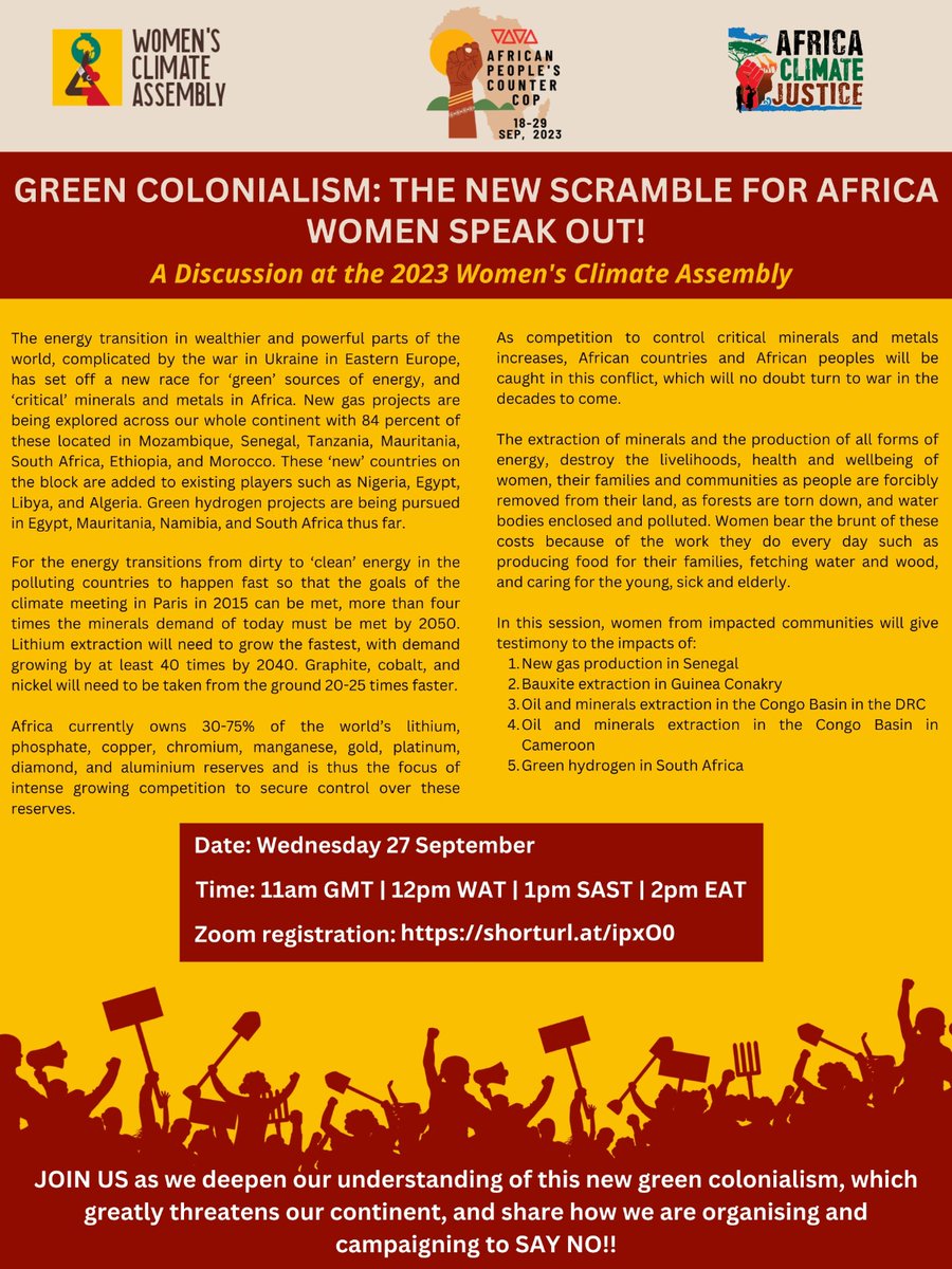 AfricanCJGroup's tweet photo. There is a new wave of a modern #scrambleforafrica and #greencolonialism. African women are #rising to #reflect on their colonial past and #resist the plunder of #greencolonialism.  Join us at the  Africa Women's Climate Assembly on 27/0/2023. #APCC23 #CounterCOP https://t.co/St7icCWeNu