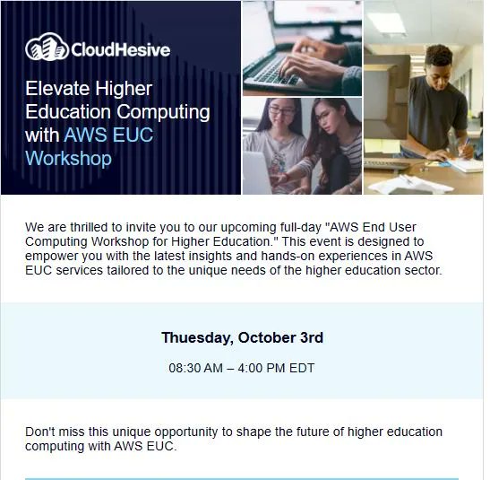 markschwef's tweet photo. Please join us at our upcoming full-day "AWS End User Computing Workshop for Higher Education." Please register here: https://t.co/Fh4qAq2FYX #awspartners #oneteam #cloudhesive #AmazonworkSpaces #Amazonappstream #awseuc https://t.co/IMXU6DsKui