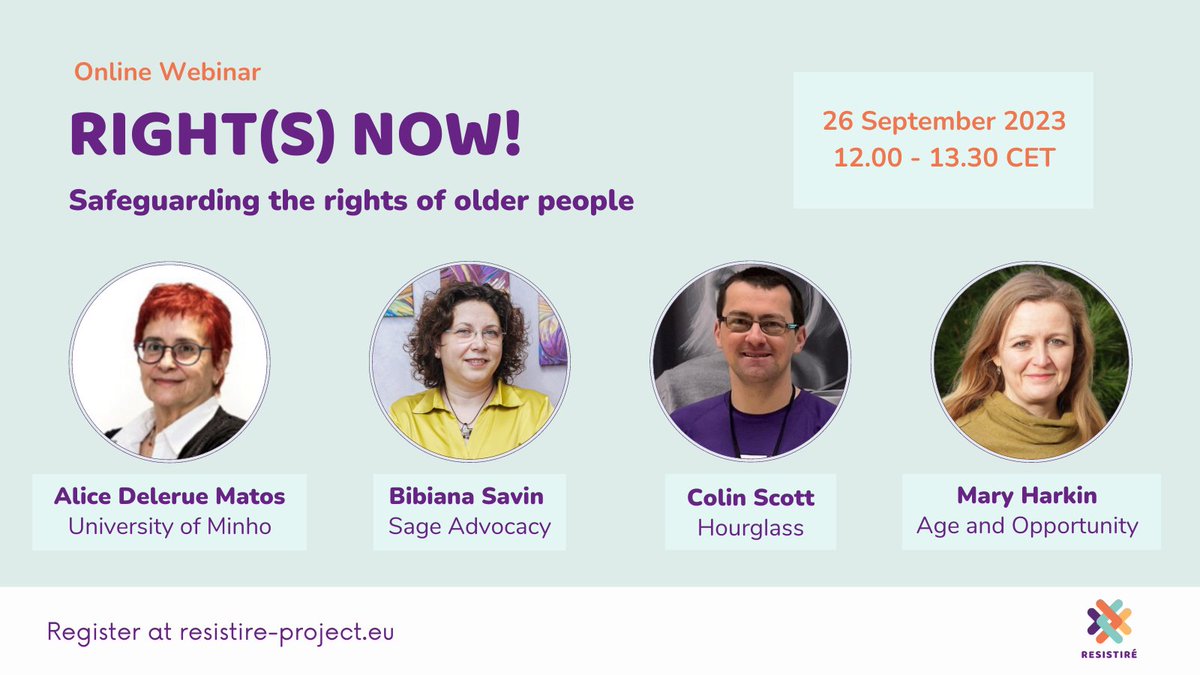 Don't miss out on our final webinar! Join us tomorrow to discuss how to protect the rights of older people, with experts: -Alice Delerue Matos @UMinho_Oficial -Bibiana Savin @SageAdvocacy -Mary Harkin @Age_Opp -Colin Scott @HourglassScot @HourglassNI 👉eventbrite.ie/e/raising-awar…