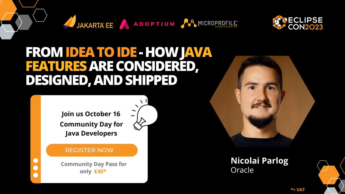 JakartaEE's tweet image. Join @nipafx to learn how ideas become Java features at the Community Day for #JavaDevs during #EclipseCon2023! This session will be held in German 🇩🇪 hubs.la/Q021WnM-0