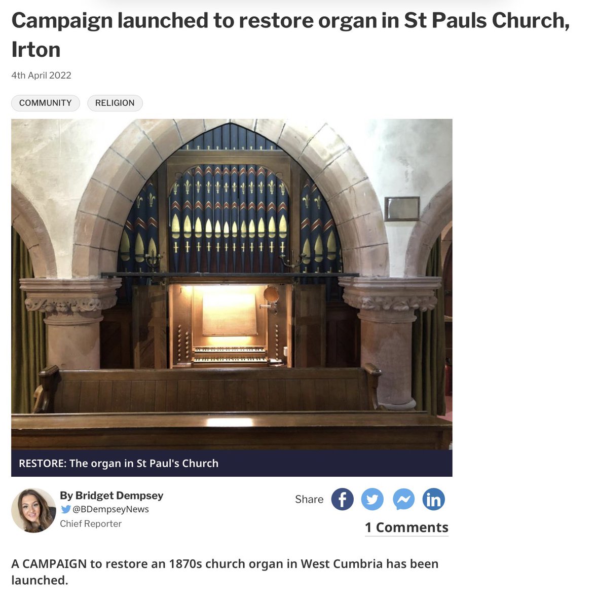 Yes watched <a href="/BBCSoP/">BBC Songs of Praise</a> Great programme featuring saving our wonderful organs. We’ve done our bit for the Nicholson Organ in Irton St Paul’s Church. Would be great to have the Organ Player extraordinaire <a href="/annalapwood/">Anna Lapwood</a> come and play?
