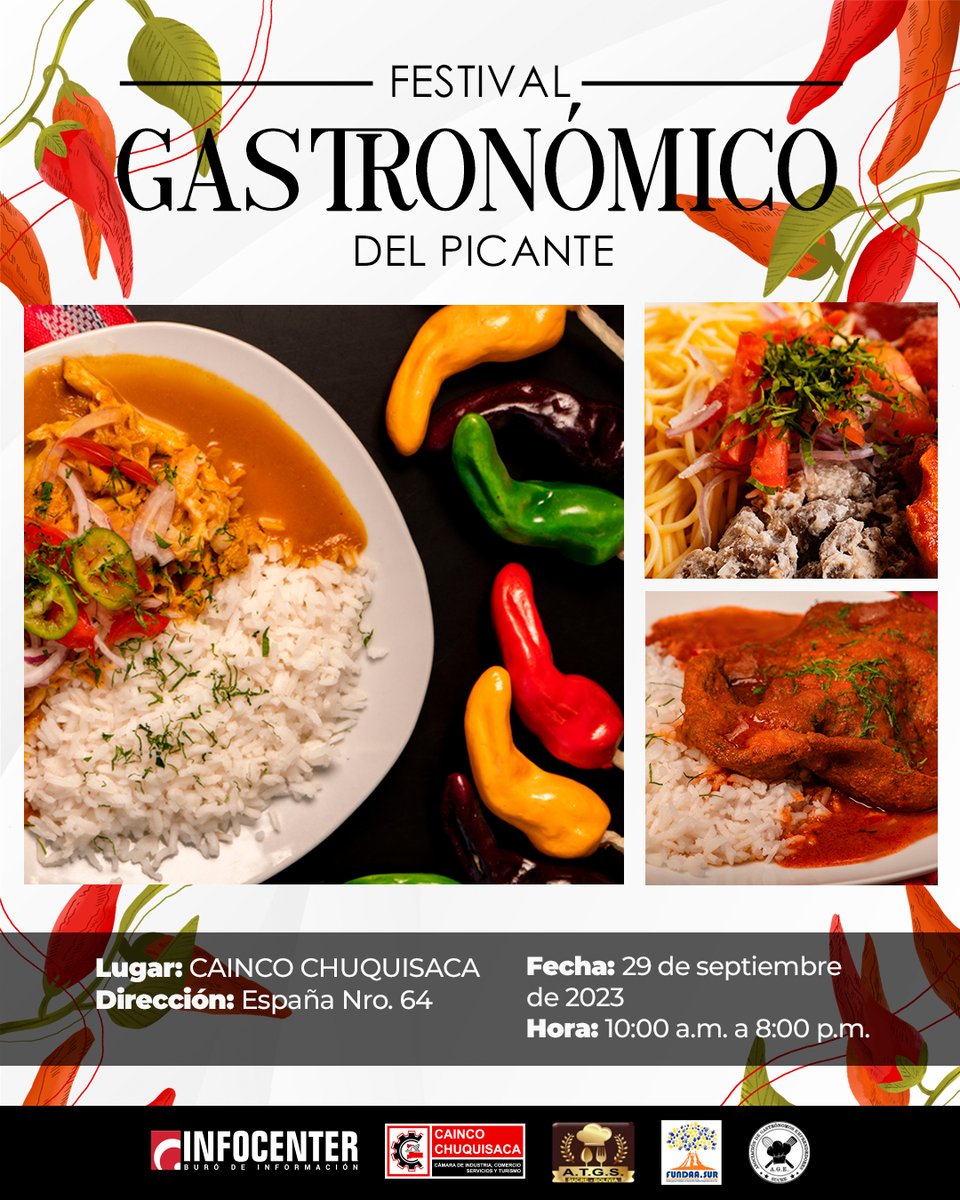 ¡SABOR Y TRADICIÓN!📷 📷Descubre la riqueza culinaria de Sucre. 📷📷
Festival gastronómico del picante📷
Te invitamos a ser parte de este festival con platos tradicionales que tenemos preparados para ti. 📷
¡Te esperamos! 📷
📷29 de septiembre
📷De 10:00 am a 10:00 pm