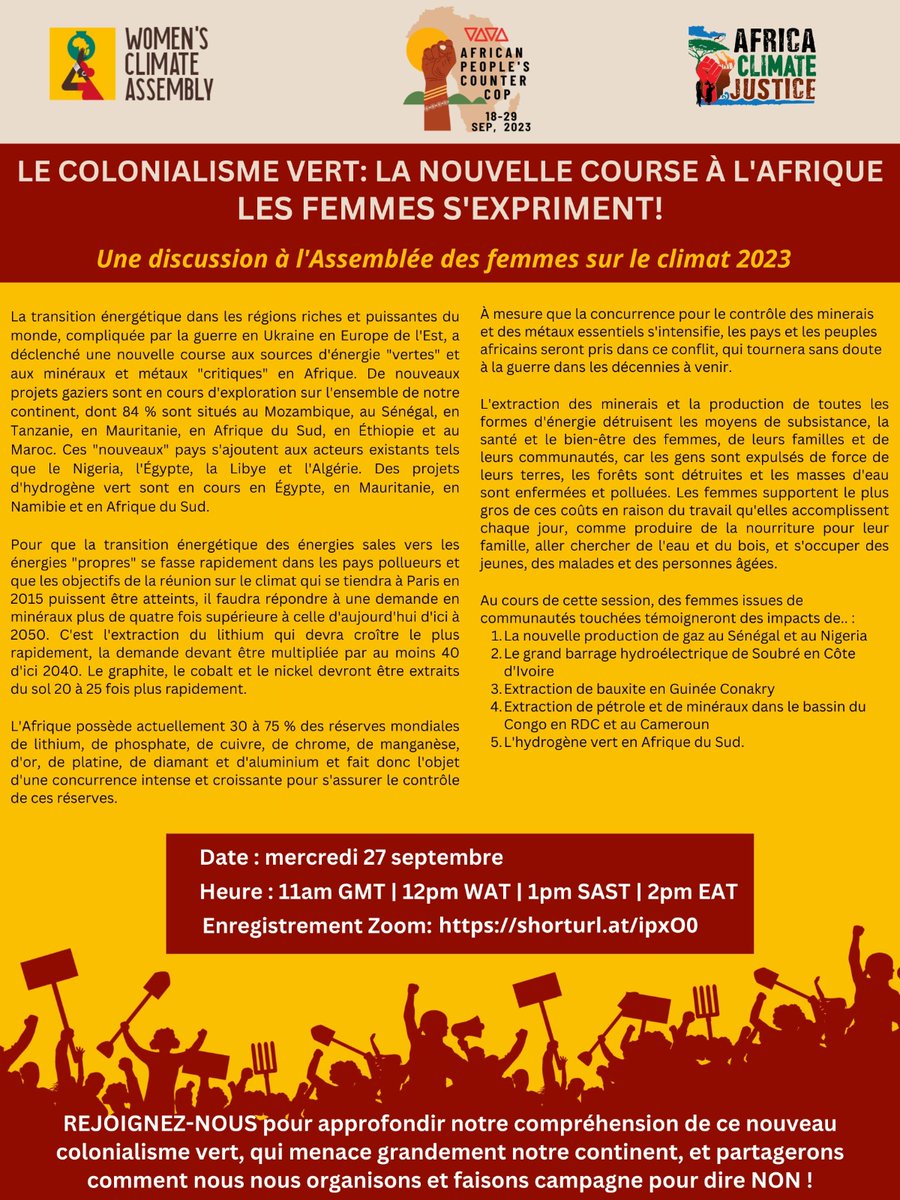 AfricanCJGroup's tweet photo. There is a new wave of a modern #scrambleforafrica and #greencolonialism. African women are #rising to #reflect on their colonial past and #resist the plunder of #greencolonialism.  Join us at the  Africa Women's Climate Assembly on 27/0/2023. #APCC23 #CounterCOP https://t.co/St7icCWeNu