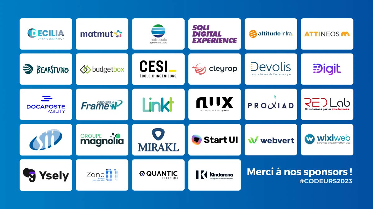 Viser mieux chaque année tout en restant gratuit, ce ne serait pas possible sans tous nos #sponsors ! Ils sont présents pour nous soutenir et certains depuis plusieurs années déjà… Merci à eux, grâce à qui #codeurs2023 est possible  ! ❤️