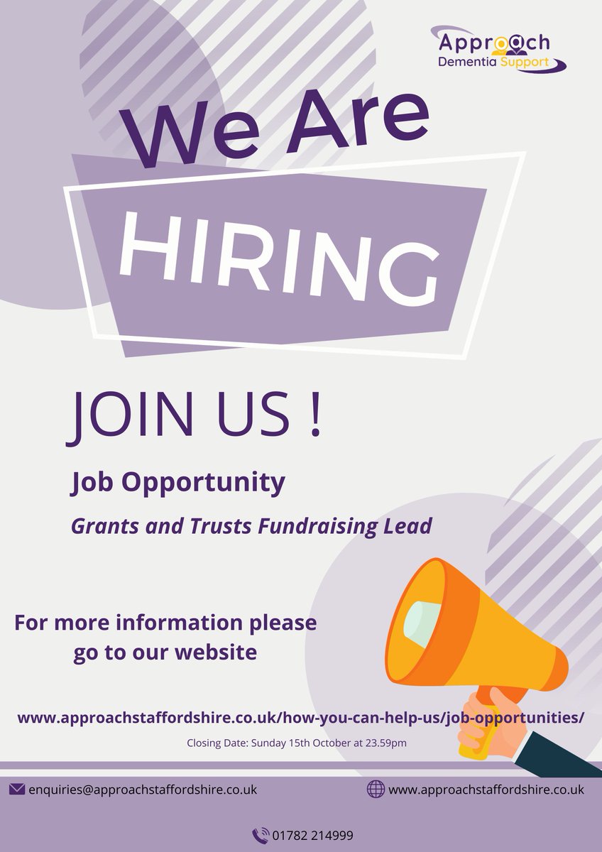 ApproachStaffs's tweet photo. 📷We Are Hiring
To apply, the forms can be downloaded from our website https://t.co/DrrzoAJtTz or by emailing enquiries@approachstaffordshire.co.uk.
Please include the job title in the subject header of your email.
The deadline for applications is 23:59pm Sunday 15th October 2023 https://t.co/udV5ZUPvCl