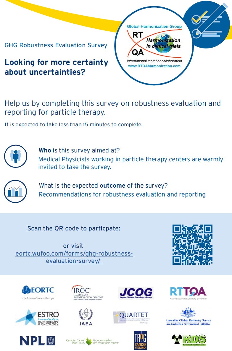 1Sarah_M_Kelly's tweet photo. Looking for more certainty about uncertainties?

The Global Harmonization Group wants to know how you approach robustness evaluation and reporting for particle therapy.

Please contribute to the survey at: https://t.co/6C81sp8D6X

#QUARTETproject #radonc https://t.co/AOTxMnF5or