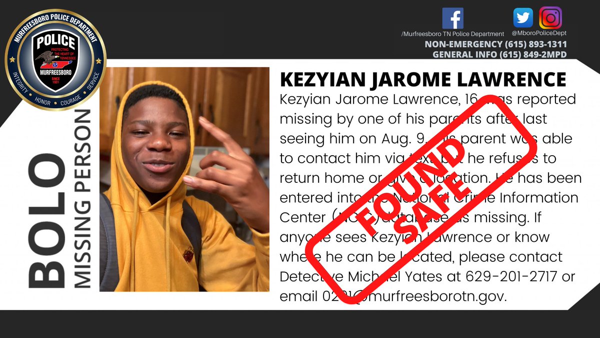 MISSING PERSON BOLO CANCELED!
Great news, missing teen 16-year-old Kezyian Jarome Lawrence has been found safe and is back home with his family.  He has been removed from NCIC.  Thanks everyone for sharing.