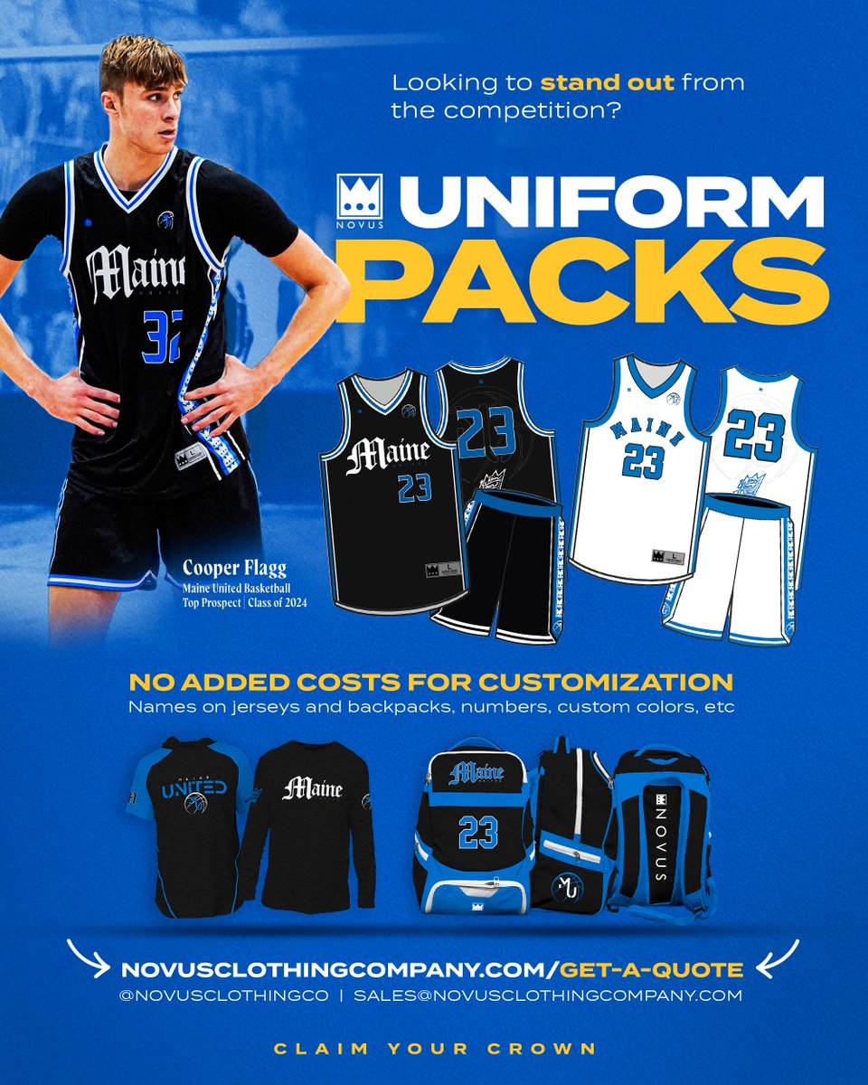 Wear the brand worn by the #1 high school player in the WORLD! FULLY CUSTOMIZED uniform kits from @novusclothingco....just like those worn by 3-time ALL-GymRat performer, 2022 @GymRatCHALLENGE MVP & projected #1 overall pick in the 2025 NBA Draft @Cooper_Flagg & @maine_united_1