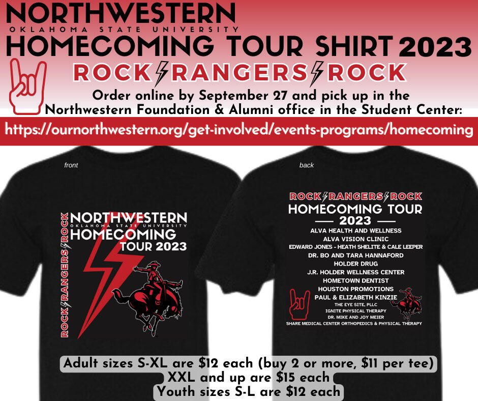 NWOSU's tweet photo. Homecoming is Oct. 5-7... make sure to get your shirt.
Register for the alumni band and 5K/Fun Run, and get your shirt for free!
More info: https://t.co/3E0rMP9KJ0
#NWHoco #NWOSU https://t.co/edDvhPMviH
