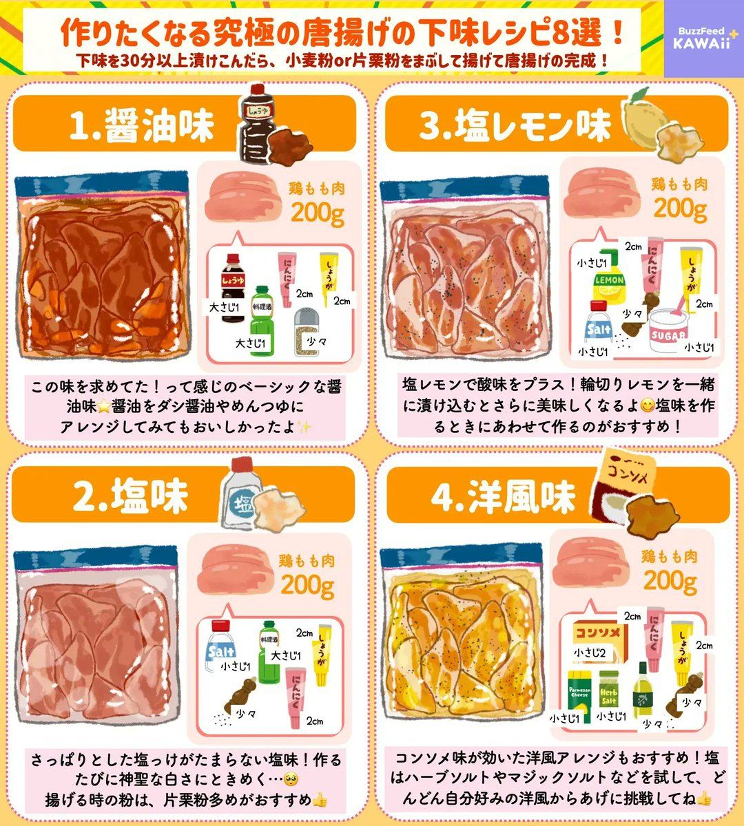 BF_KawaiiPlus's tweet photo. 漬ける調味料を変えるだけ‼️

簡単に作れる
【究極の唐揚げ下味レシピ】
をまとめました😋 https://t.co/2xiAUj4l6p