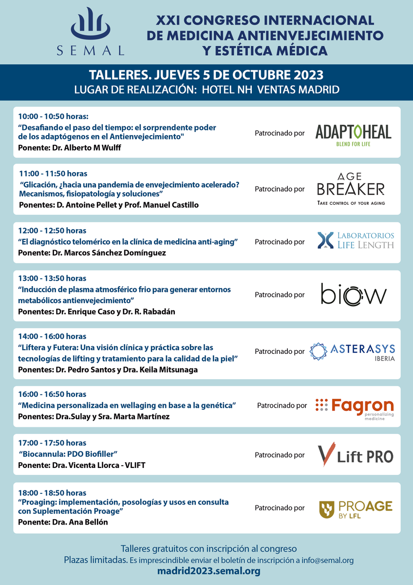 SOCIEDADSEMAL's tweet image. 📢Disfruta de estos talleres gratuitos con tu inscripción a nuestro XXI Congreso

¡PLAZAS LIMITADAS!
Es necesario enviar boletín de inscripción al email info@semal.org

Descárgalo aquí 👇
madrid2023.semal.org/wp-content/upl…

#antienvejecimiento #semal #sociedadsemal #congresosemal2023