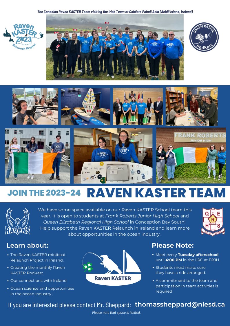 ravenkaster's tweet photo. The Raven KASTER Team is meeting after school in the LRC at FRJH on Tuesday (Sept 26/23). Any students interested in joining should contact Mr. Sheppard (see poster). @FRJHschool @QEPioneers #ravenkaster #miniboat @CPAcla1 https://t.co/Ef6vEgabDO
