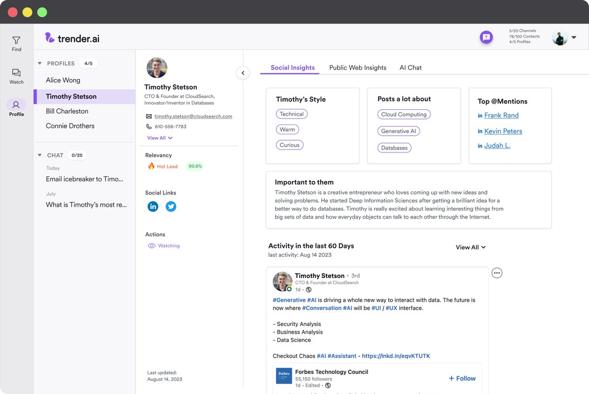 TrenderTag's tweet image. 🎯New Trender.ai features

1. Social profiles: Trender now gives you the ability to generate a prospect profile based on their most recent activity on social media

2. Prospect SMTYKM: You can now get a better sense of who they are, what’s important to them, their…