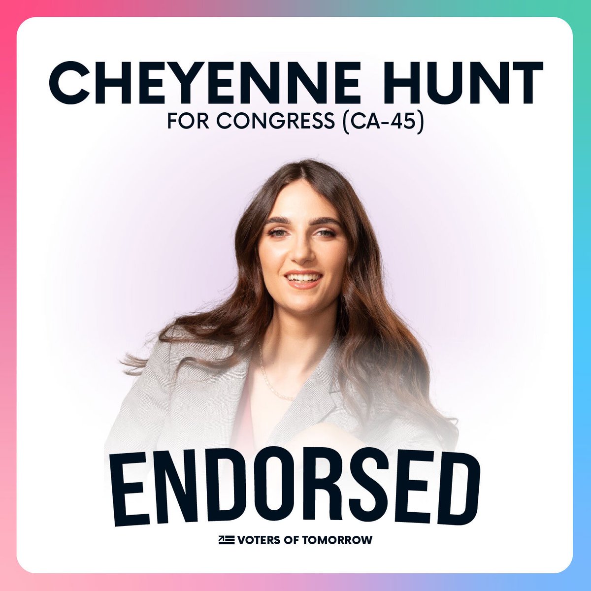 VotersTomorrow's tweet image. With years of experience in advocacy and grassroots organizing, @CheyenneHuntCA will make Gen Z proud as one of our fiercest champions in government.

We’re looking forward to supporting her campaign and to see her make history as the first Gen Z woman elected to Congress.