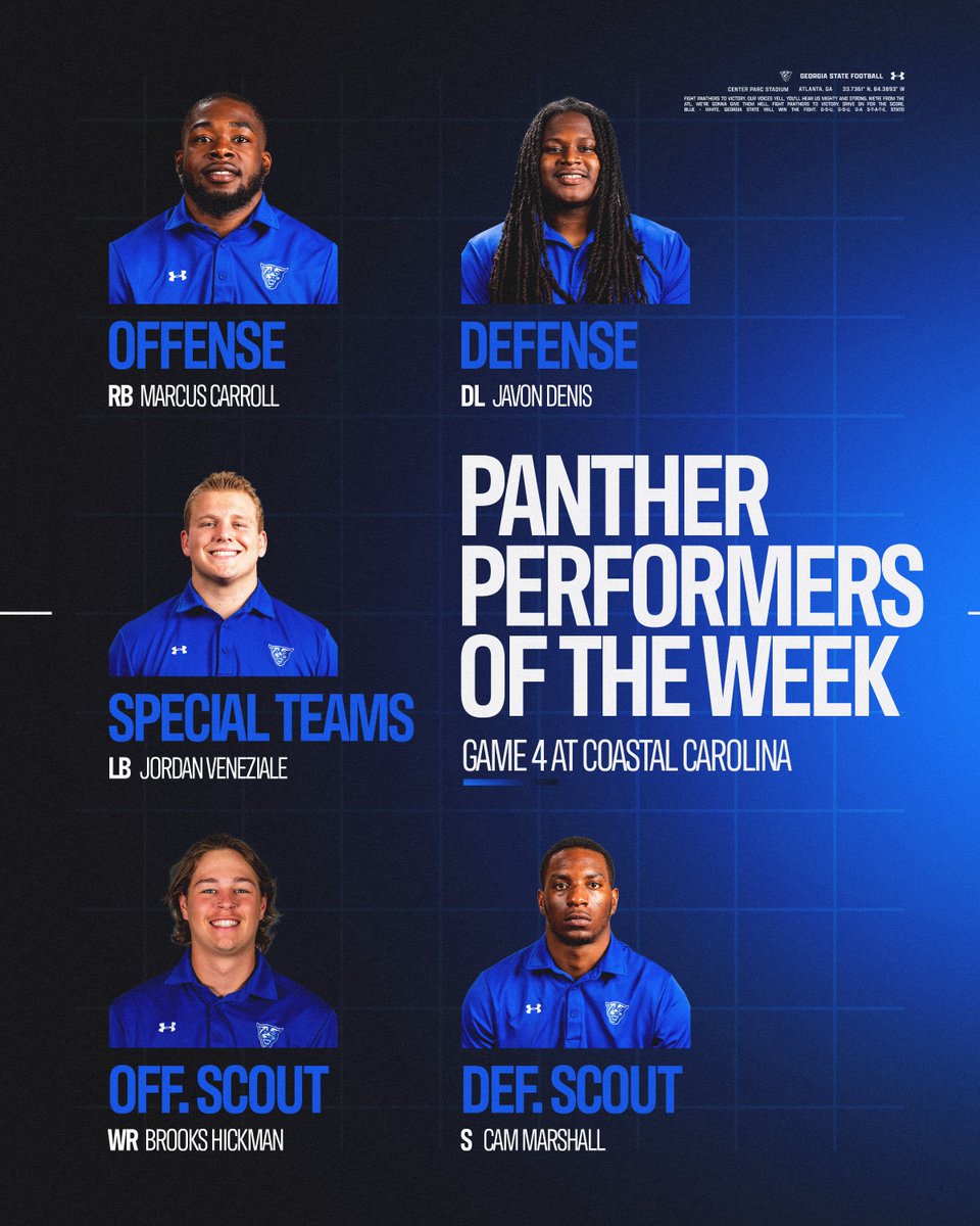 𝗣𝗮𝗻𝘁𝗵𝗲𝗿 𝗣𝗲𝗿𝗳𝗼𝗿𝗺𝗲𝗿𝘀 𝗼𝗳 𝘁𝗵𝗲 𝗪𝗲𝗲𝗸 - 𝗚𝗮𝗺𝗲 𝟰 💪   

Offense: Marcus Carroll
Defense: Javon Denis
Special Teams: Jordan Veneziale
Off. Scout: Brooks Hickman
Def. Scout: Cam Marshall

#LightItBlue | #BeatTroy