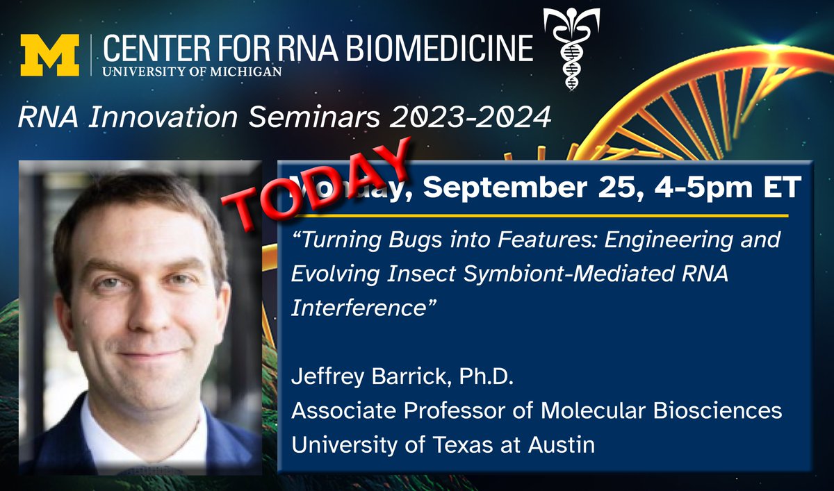 Today! 4PM, Monday, September 25, BSRB & Zoom: “Turning Bugs into Features: 'Engineering and Evolving Insect Symbiont-Mediated RNA Interference' barricklab.org/twiki/bin/view…… Zoom: umich.zoom.us/webinar/regist…… @barricklab #UmichRNA #UMichRNATx