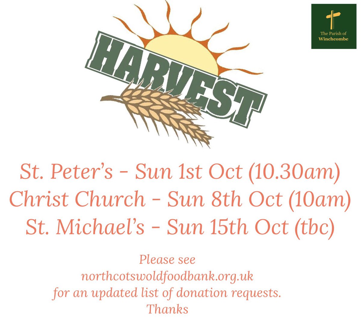 PofWinchcombe's tweet photo. Harvest 2023 dates 👇👇👇 Please share to help us help @NthCotsFoodBank. Thanks   
( #harvest #donate #helpingothers @ExpWinchcombe @radiowinch @BishGloucester @bptewkesbury @GlosDioc ) https://t.co/qKvubCmKdJ