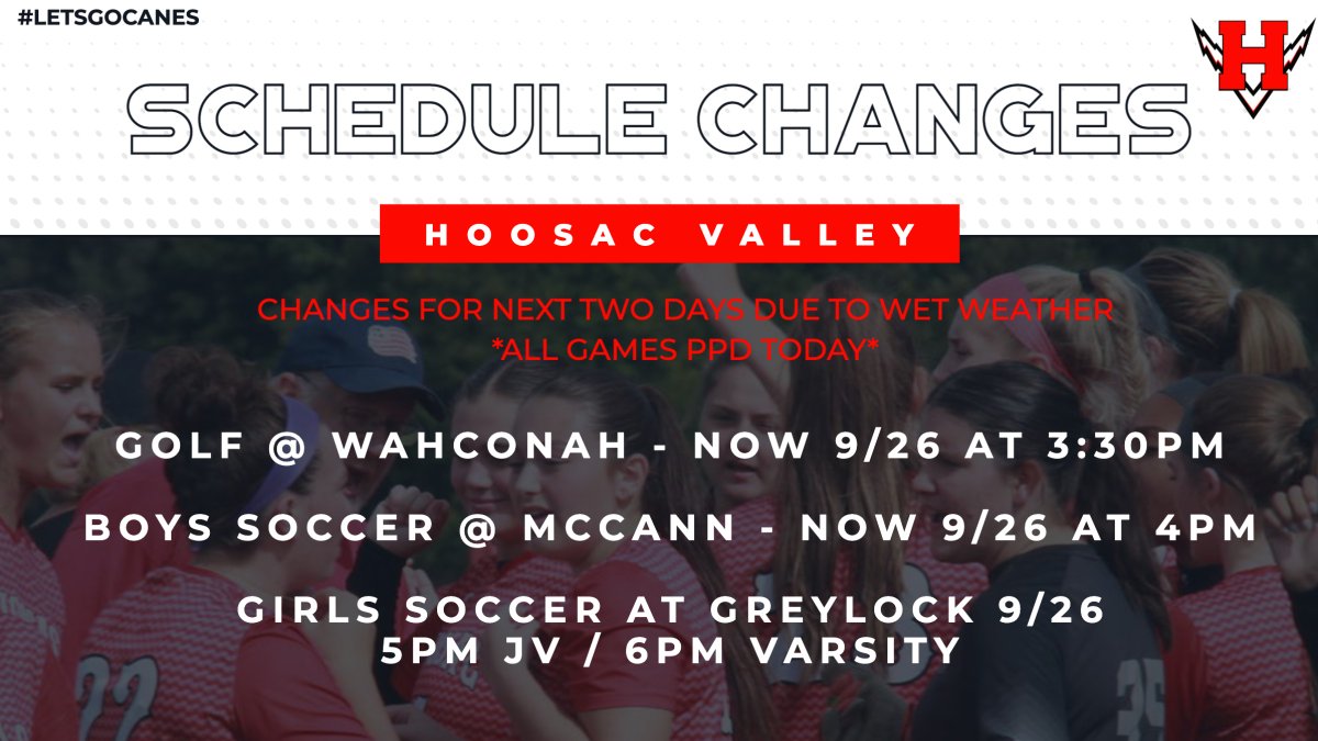 Hoosac Valley Athletics (@hvhshurricanes) on Twitter photo Schedule changes for today, all GAMES today at PPD. Note changes in image for tomorrow, stay dry!
<a href="/iBerkSports/">iBerkshires Sports</a> <a href="/EagleSportsZone/">Eagle Sports</a> Schedule changes for today, all GAMES today at PPD. Note changes in image for tomorrow, stay dry!
<a href="/iBerkSports/">iBerkshires Sports</a> <a href="/EagleSportsZone/">Eagle Sports</a>