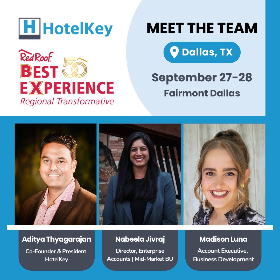 The HotelKey team is headed to Dallas for the <a href="/redroofinn/">Red Roof</a> Regional Transformative!

Meet our Co-Founder and President, Aditya Thyagarajan, Director of Enterprise Accounts, Nabeela Jivraj, and Account Executive, Madison Luna.

We can’t wait to see you all!