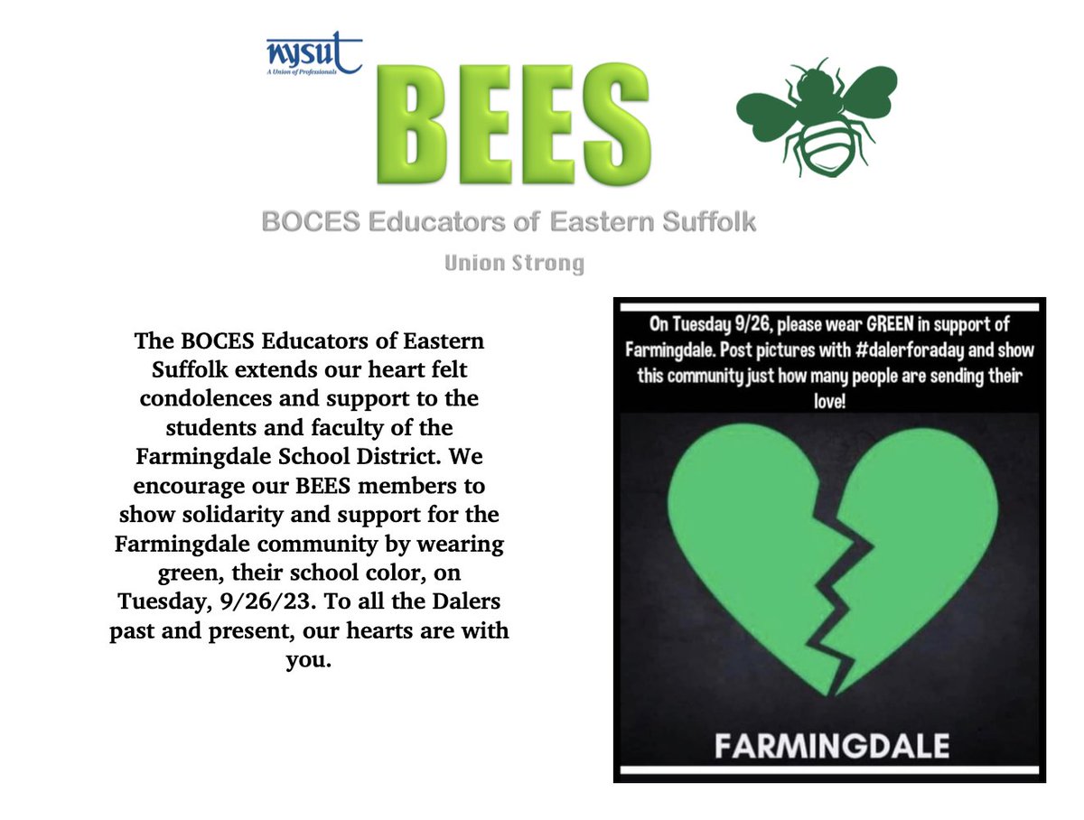 Sending support to the Farmingdale School District and community.  #dalerstrong #Dalerforaday #NYSUT