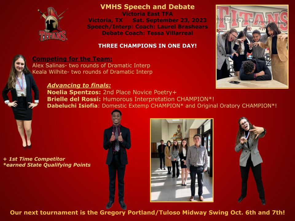 Congratulations to our Speech and Debate Eagles!  THREE CHAMPIONS at the Vic East TFA! #CCISDProud #VMHSPride #InspireExcellence