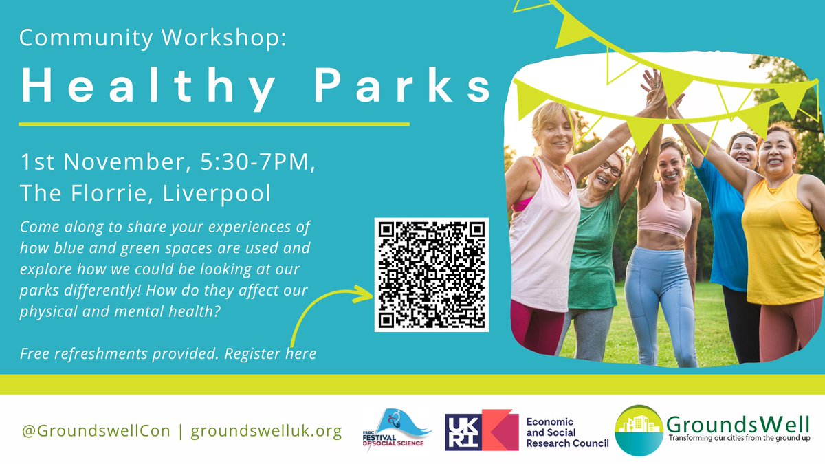 🌱Community Workshop🌱

Come and explore how our urban parks can affect our physical and mental health. Speakers soon to be announced!  

🗓️Wed 1st Nov 5:30 - 7pm
📍The Florrie, Liverpool 
⬇️Register now! 

ticketsource.co.uk/groundswell/t-…

<a href="/ESRC/">Economic and Social Research Council</a> #ESRCFestival #UGBS