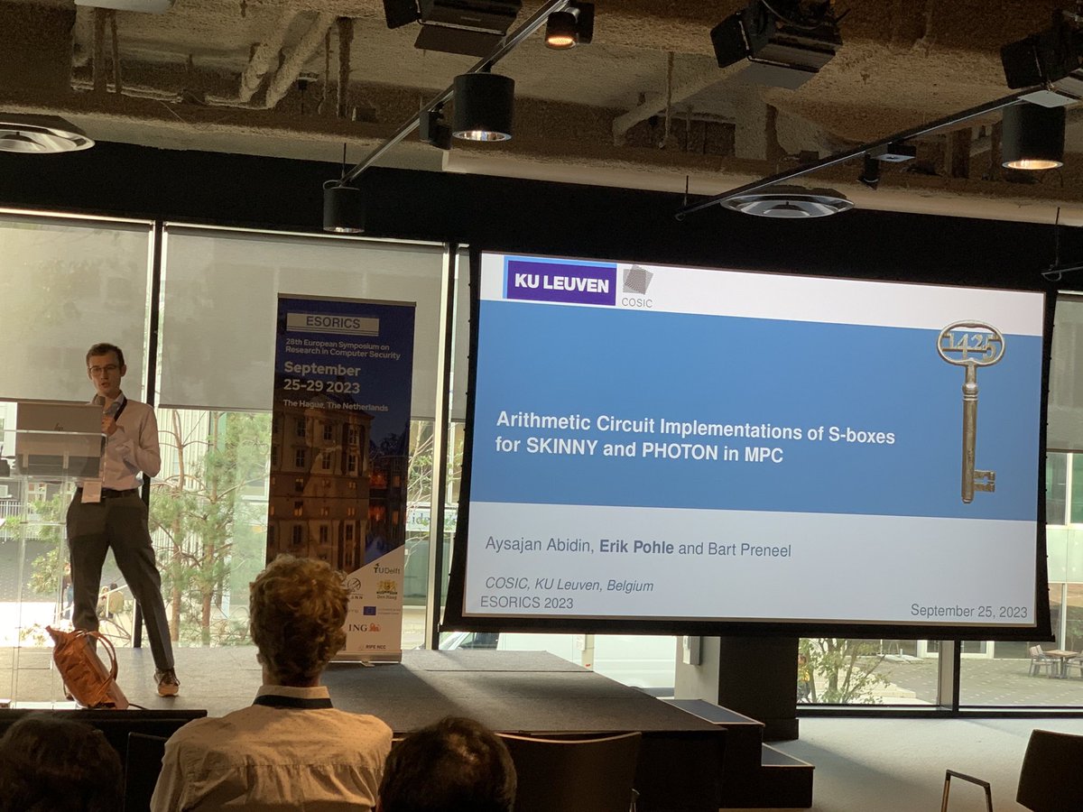 CosicBe's tweet photo. Erik Pohle presented "Arithmetic Circuit Implementations of S-boxes for SKINNY and PHOTON in MPC" (Aysajan Abidin, Erik Pohle, Bart Preneel) at #ESORICS 2023 in The Hague, The Netherlands today. @ProjectMozaik  
https://t.co/m2DwLgDDqZ https://t.co/MriFdYNyJ1