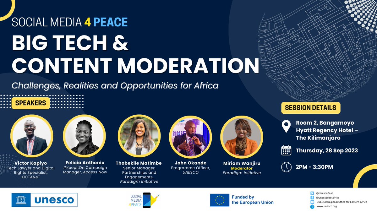 🎉JOIN UNESCO at the Freedom of Information Forum in Africa (FIFA) 2023 this Thursday, Sep 28 for our discussion on "Big Tech and Content Moderation: Challenges, Realities and Opportunities for Africa".    

👀 Watch this space as we kick off in Tanzania!    
#SocialMedia4Peace