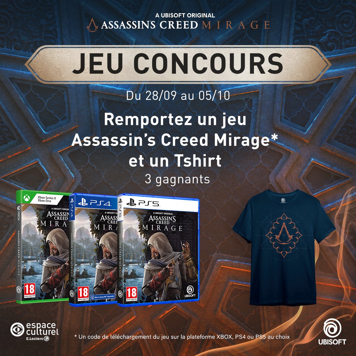 #concours Tentez votre chance pour incarner Basim, un habile voleur aux visions cauchemardesques dans #AssassinsCreedMirage 🥷 3 gagnants🎁 TAS 05.10⏱️ RT + Follow @Leclerc_JV Précommandez➡️bit.ly/3tckNHM Règlement➡️bit.ly/3EPYOZN