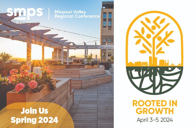 SMPSMVRC's tweet photo. Do you have the Missouri Valley Regional Conference marked on your calendar for next spring?

The bi-annual regional conference will take place on April 3-5 at the Kimpton Cottonwood Hotel in Omaha, Nebraska.

Visit https://t.co/AZo9tpyfZe to learn more about MVRC!

#SMPS https://t.co/OlAmq6uX00