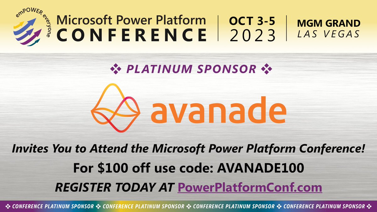 Gratitude to @Avanade , one of our Platinum Sponsors at the Microsoft Power Platform conference in Las Vegas! Don't miss them in the expo hall at booth #228. 🌟 #MPPC23