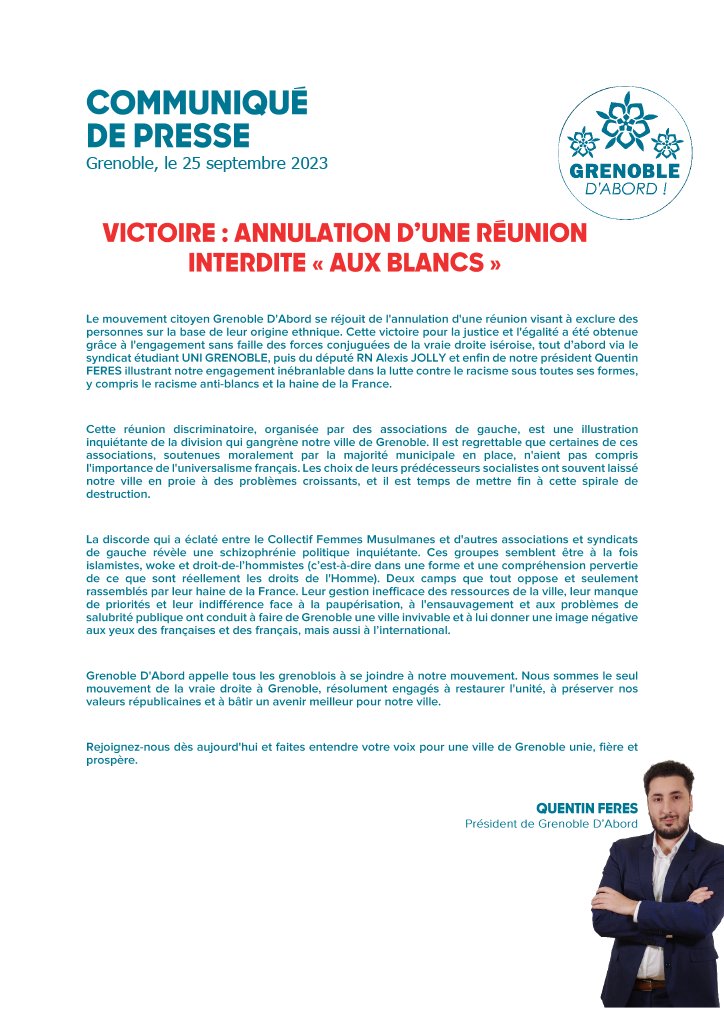 grenobledabord's tweet photo. 📢 Communiqué de presse : Grenoble D'Abord se félicite de l'annulation d'une réunion pour les personnes "non-blanches" à #Grenoble par le préfet de l'Isère. https://t.co/rtAVasafJ6
