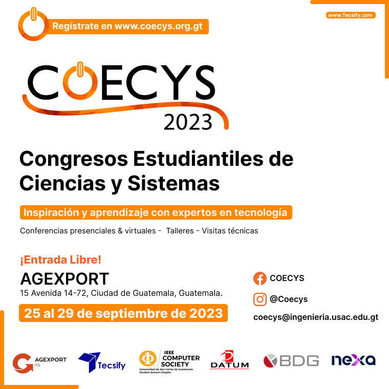 coecys's tweet photo. Hoy es el primer día de COECYS 2023. 
📚 Si tienen alguna pregunta o necesitan asistencia durante el evento, no duden en comunicarse con nuestro equipo. ¡Estamos aquí para ayudarles! 25 de septiembre modalidad VIRTUAL
#tecnologia #coecys #usac #skillsforthefuture https://t.co/8SlyCis1bI