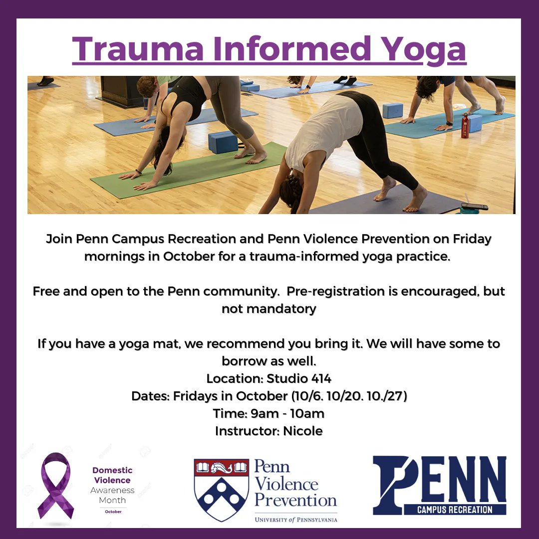 Join Penn Violence Prevention on Friday mornings in October for a trauma-informed yoga practice. Each week (October 6, 20, &amp; 27) we will meet from 9-10AM in Studio 414. Class will be led by Nicole and confidential staff from PVP are on site to participate:
buff.ly/44Yl5PL