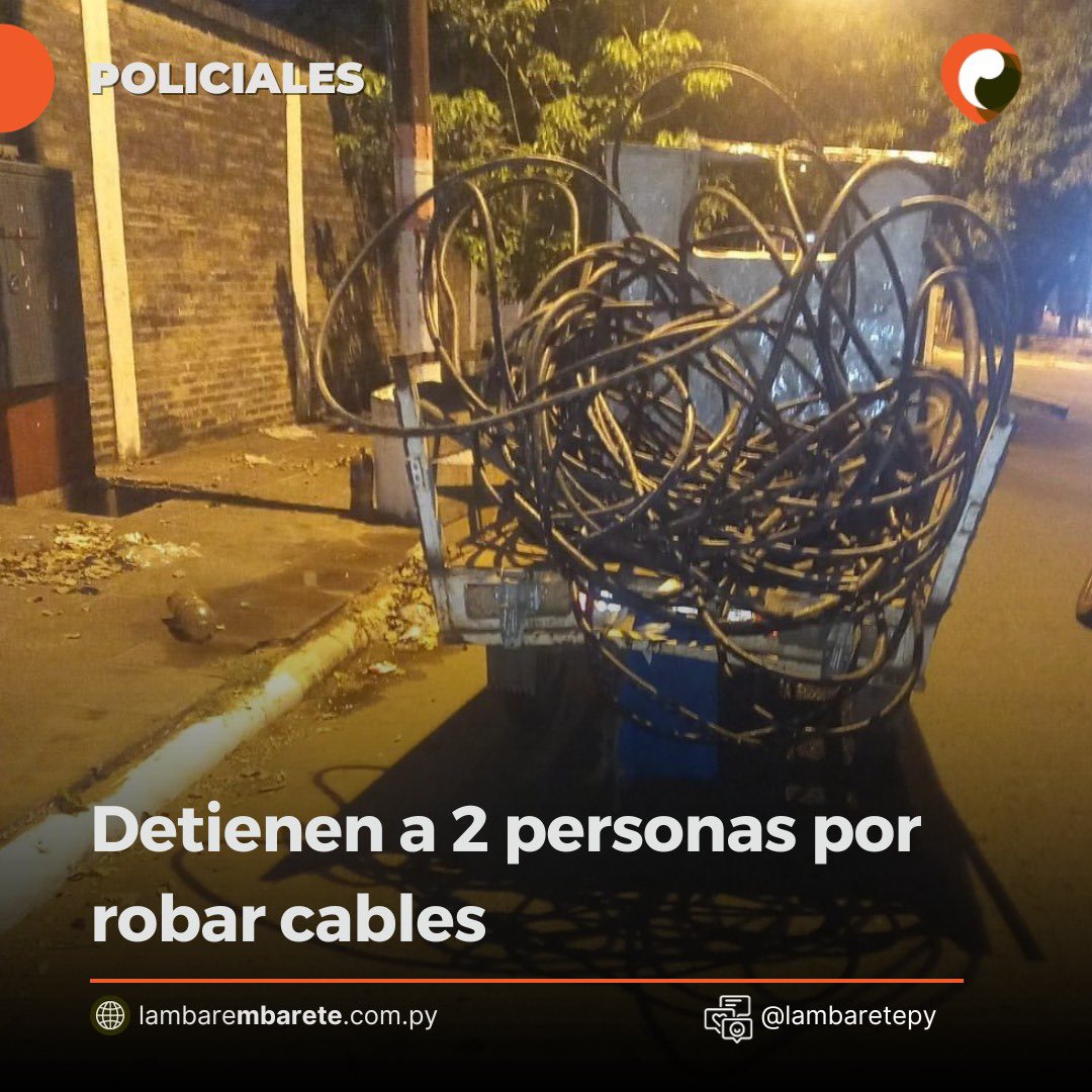 lambaretepy's tweet photo. #POLICIALES 🟧Dos presuntos adictos fueron detenidos en el barrio Kennedy de Lambaré por robar cables para extraer el cobre y presumiblemente cambiarlo por crack.

Se recuperaron 200 metros de cable de Copaco.

https://t.co/a8mXok0XEx https://t.co/7iN2zLNNmM