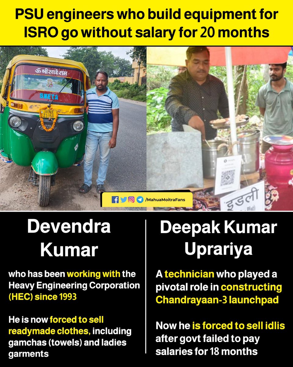 DassBabai's tweet image. #DevendraKumar :- Who has been working HEC, Since 1993...Now forced to sell Clothes

#Deepak_Kumar_Upariya :- Who is technician of #Chandrayaan3...
Selling Idlis

#Reason :- Modi Government failed to pay salaries #PSU Engineers &amp;amp; #ISRO staff since 18-20 months 

#ShameOnModiGovt