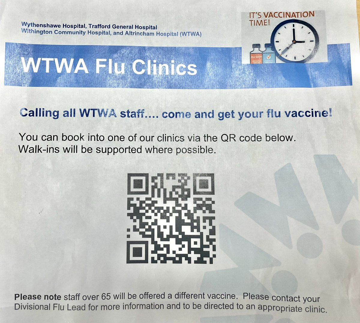 <a href="/MFTnhs/">MFT NHS</a> #Flu campaign for 23/24 is a go! Look out for the roadshow trolleys in your areas soon and try your luck with our myth busters quiz! QR code available to show WTWA clinics available! Get booking now and get set for winter!