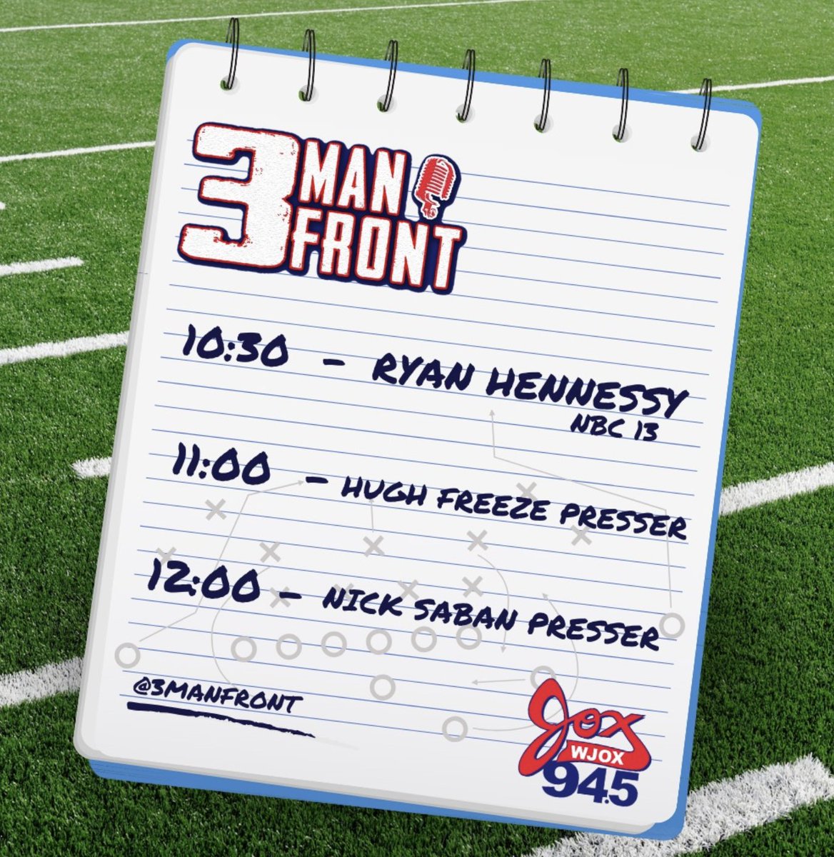 Reaction Monday straight ahead on <a href="/3ManFront/">3 Man Front</a> ...
10:30 <a href="/RyanHennessyTV/">Ryan Hennessy</a> 
11:00 Hugh Freeze Presser
12:00 Nick Saban Presser

Listen live on <a href="/WJOX945/">WJOX 94.5 FM</a> or JOXFM App