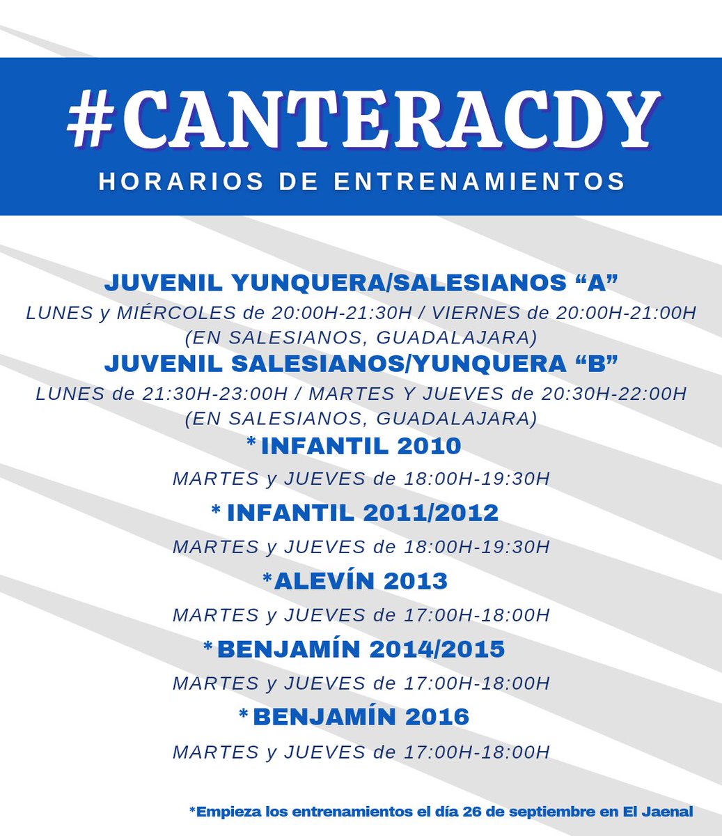 cd_yunquera's tweet photo. Estos serán los horarios de entrenamientos de los equipos de la #CanteraCDY 👦

🔛 Además todos los equipos excepto los juveniles echarán a rodar mañana día 26 de septiembre.

#123Yunquera 🔵 #JuntosLoLogremos https://t.co/BGggeyoT8p