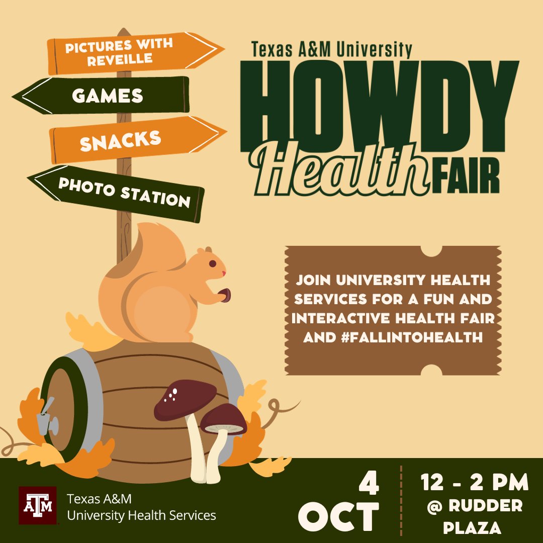 tamuUHS's tweet photo. The Howdy Health Fair is coming up on Oct.4! Students can play games, get free t-shirts, collect swag, learn about local healthcare resources, and so much more! https://t.co/SkE3S5AmJs #howdyhealthfair #fallintohealth https://t.co/ACCQ4LQ5UY
