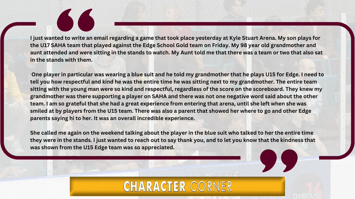 These are the kind of notes you are proud to see on a Monday morning. Shoutout to this student-athlete, the entire U15 hockey team and the Edge parents mentioned for making the viewing experience for these individuals one to remember 👏👏