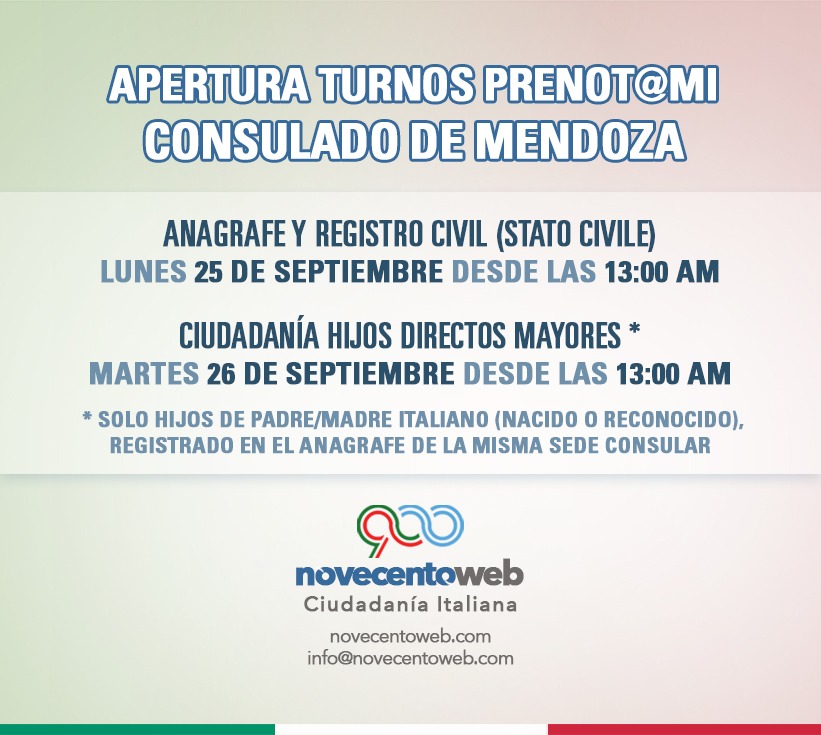 novecentoweb's tweet photo. APERTURA DE TURNOS CONSULADO DE ITALIA MENDOZA
25/09/23 #anagrafe y #statocivile
26/09/23 #ciudadaniaitaliana hijos directos mayores con madre/padre italiano (nacido/reconocido) inscripto en misma sede
Desde 13 hs por #prenotami
Los turnos son gratuitos
#fastit #novecentoweb https://t.co/EmfNlFqJWe