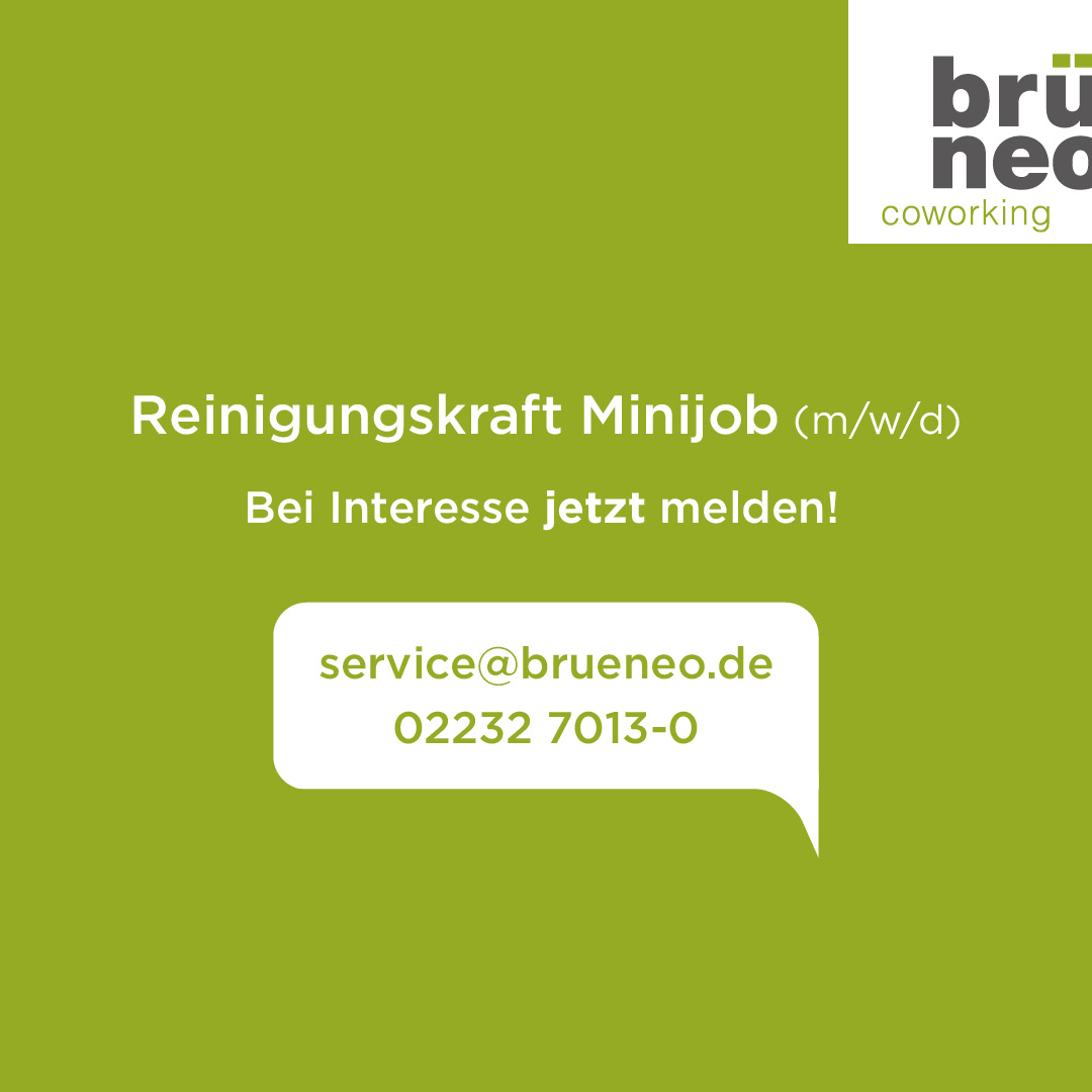 #REINIGUNGSKRAFT m/w/d #Minijob im #BRÜNEO #Brühl
JETZT! Ruf einfach an: 02232 7013-0

BRÜNEO Coworking Spaces
Marie-Curie-Str. 3
50321 Brühl
#meincoworkingspace
#jobsuche